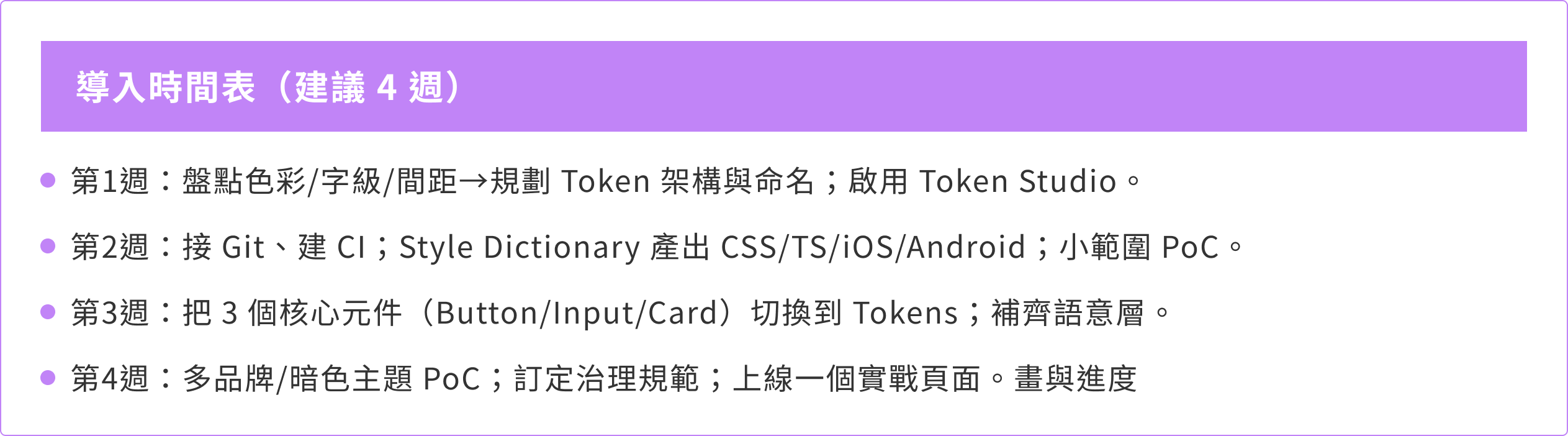 導入時間表（建議 4 週）